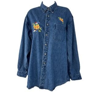 Fieldmaster Denim Shirt/Jacket Women's Large Blue Embroidered LS Oversized Stain